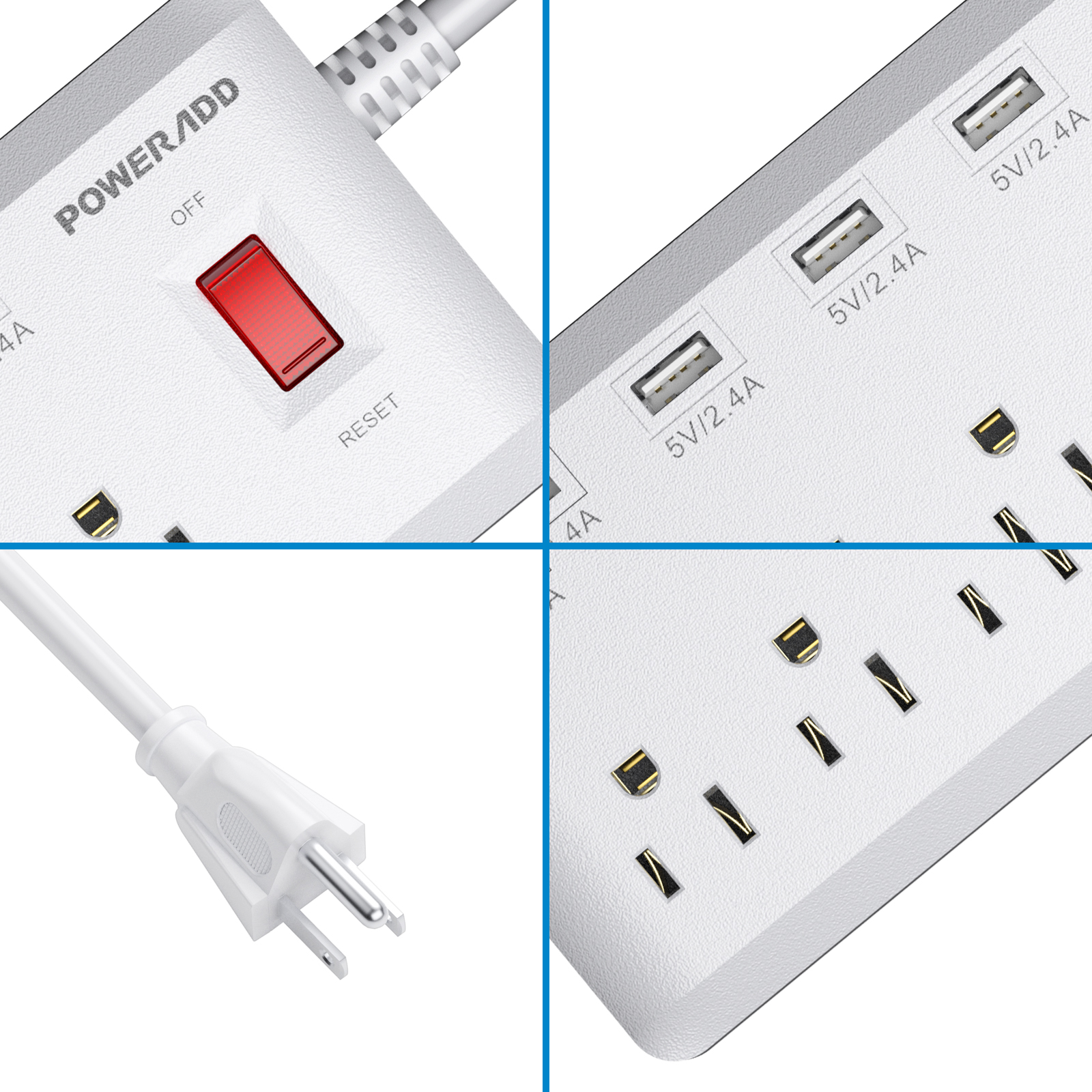 Poweradd Power Strip 6 Outlets 6 Smart USB Charging Ports Surge Protector